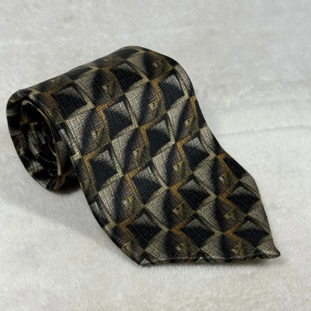 Pierre Cardin Mens Silk Tie Black Gold Silver Geometric Square Pattern Necktie